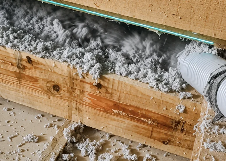 Cellulose insufflée entre les gîtes d'un plancher par IsoLaire